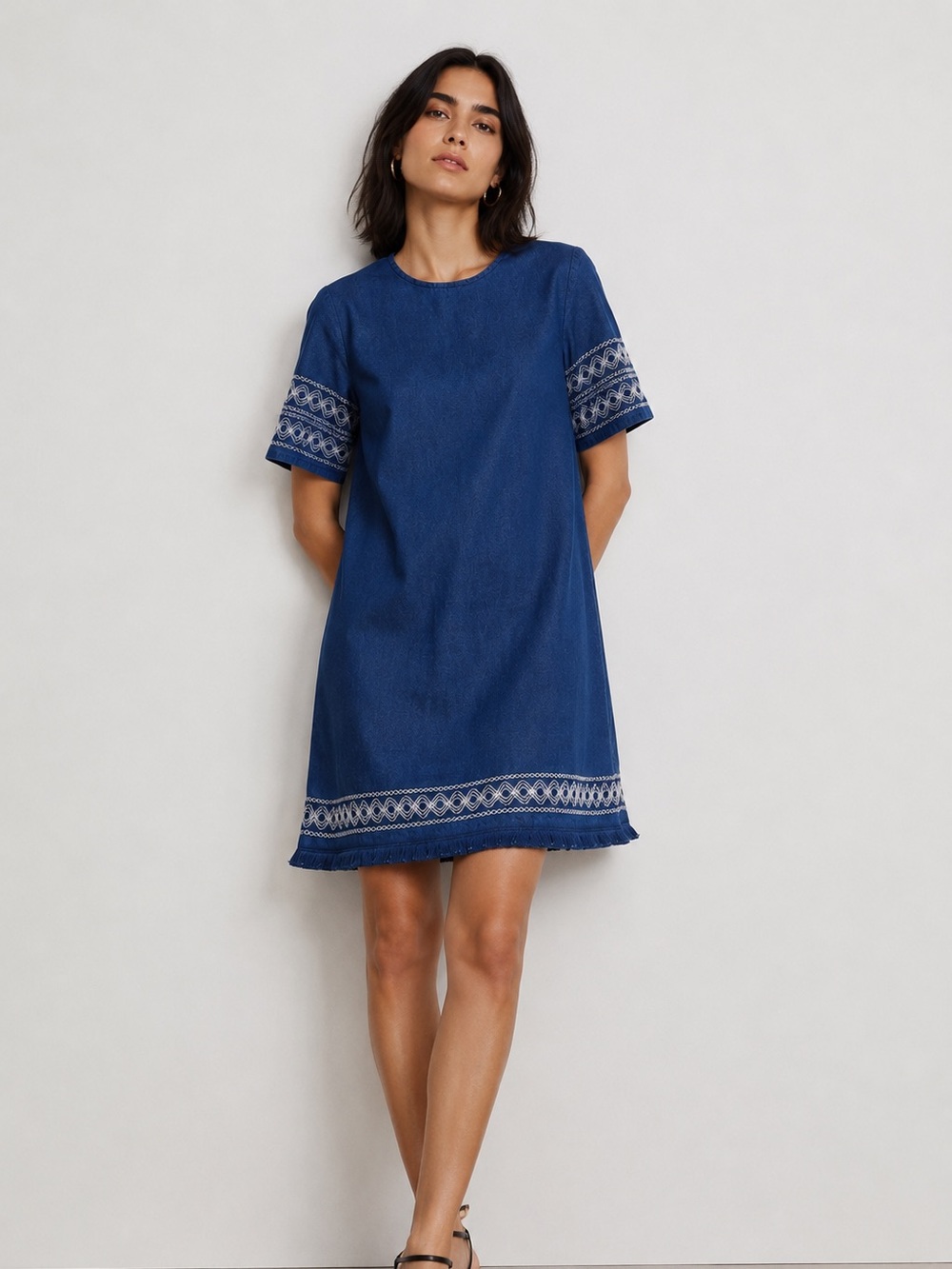 MANGO Chambray Blue Midi Dress | Pockets Embroidered Fringe Hem Size Small